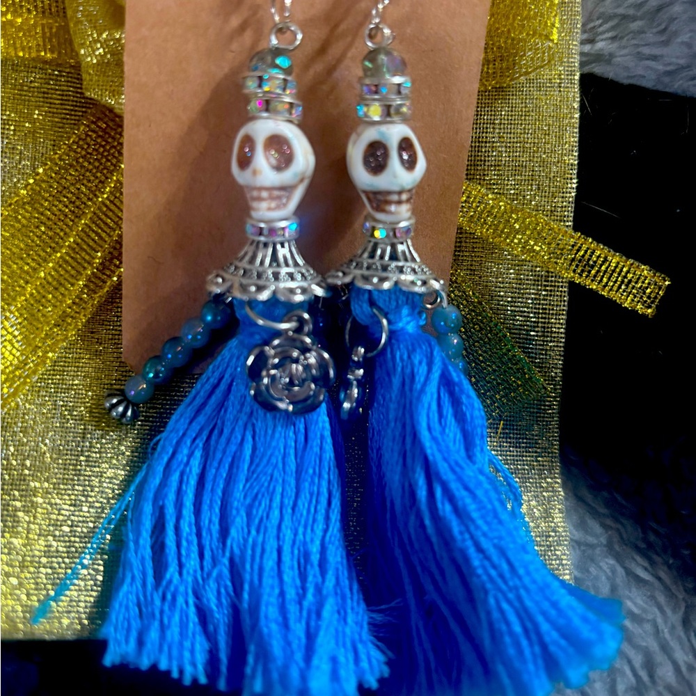 Blue Skull Tassel Earrings